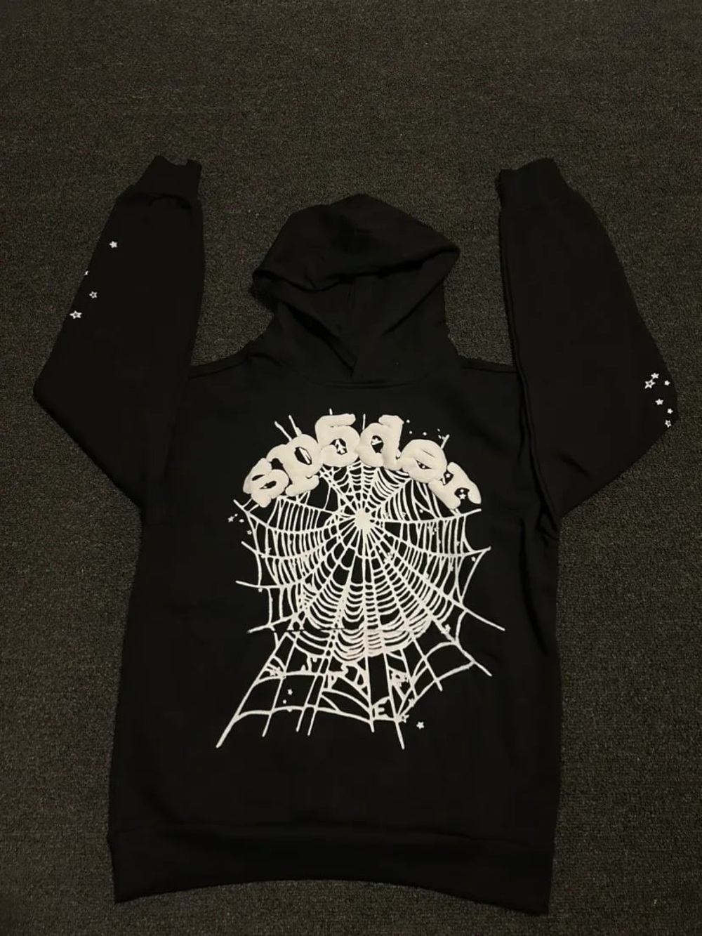 Black Crewneck Hoodie with White Spiderweb Graphic